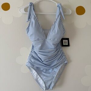 NWT Ellen Tracy Blue and White Striped Swimsuit Nautical Tummy Control